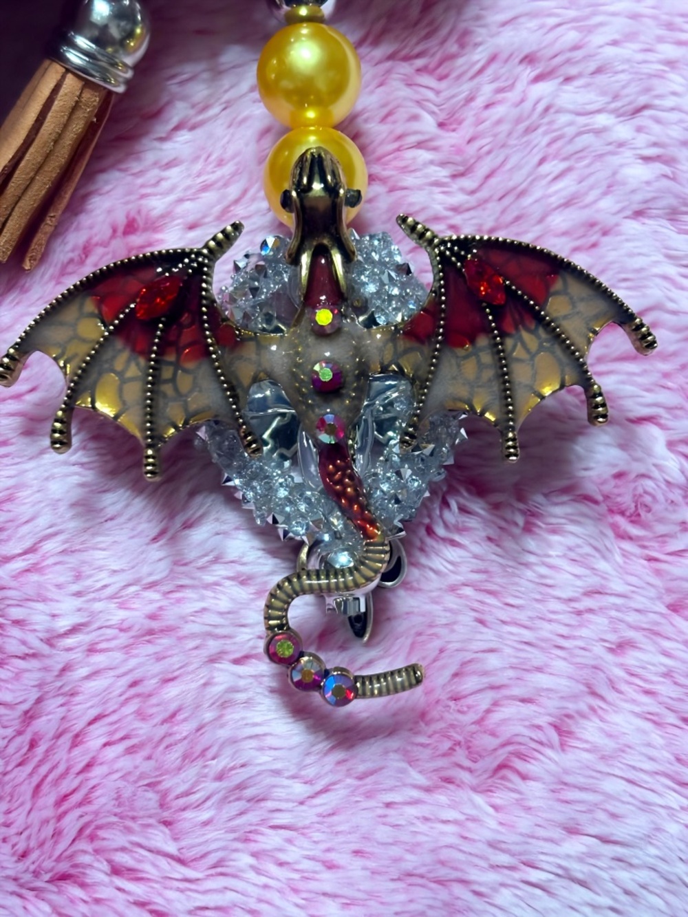 Handcrafted dragon cross beaded keychain with inspirational message. Handmade